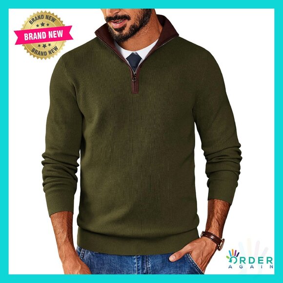 Slim Fit Quarter Zip Sweater Mock Neck Pullover Ribbed Knit Classic